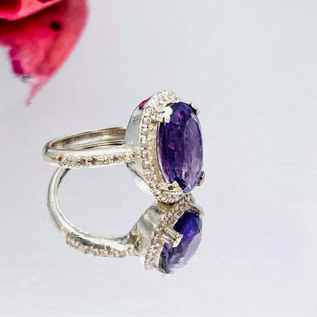 Natural amethyst + zircon ring silver s925