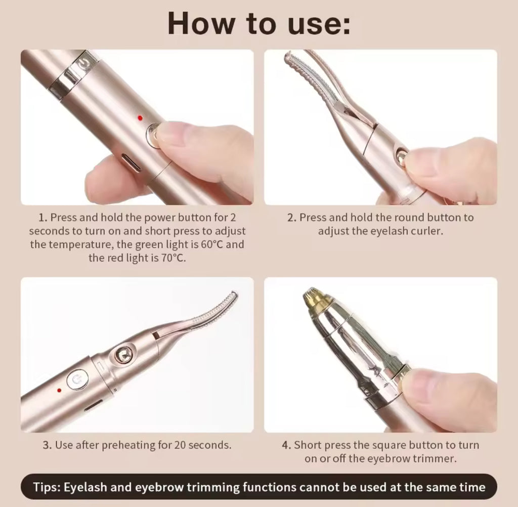 Portable Electric Heated Eyelash Curler & Eyebrow Trimmer – USB Rechargeable 2-in-1 Makeup Tool