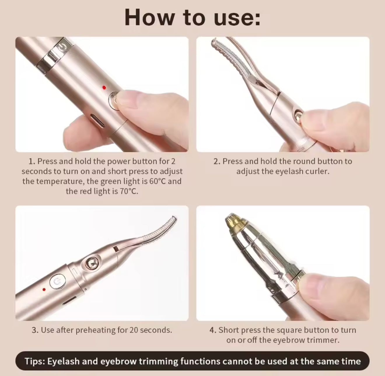 Portable Electric Heated Eyelash Curler & Eyebrow Trimmer – USB Rechargeable 2-in-1 Makeup Tool