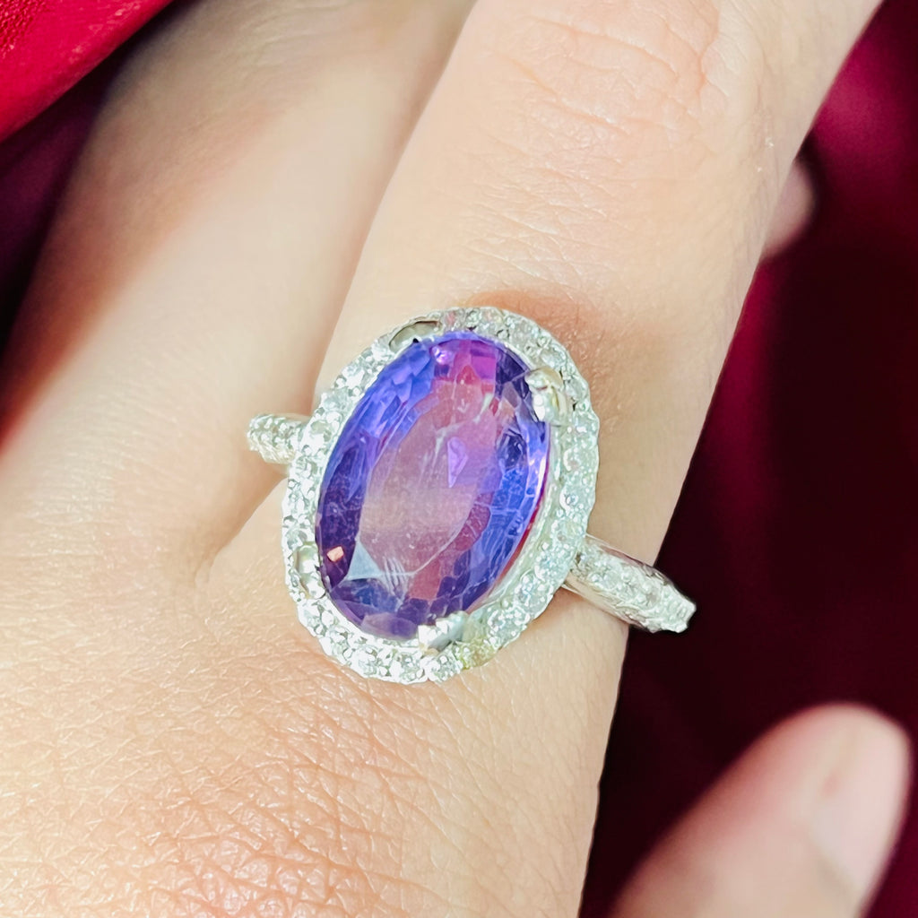 Natural amethyst + zircon ring silver s925
